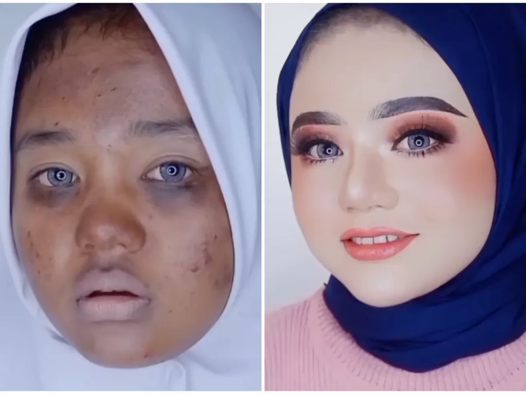 Perbandingan sebelum dan setelah dimakeup (Tiktok/neliagustin_makeup)