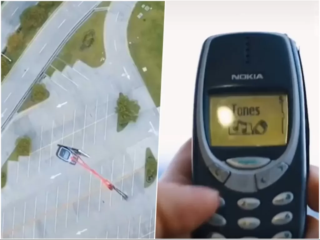 HP Nokia 3310 dijatuhin dari drone. (TikTok/@tech)