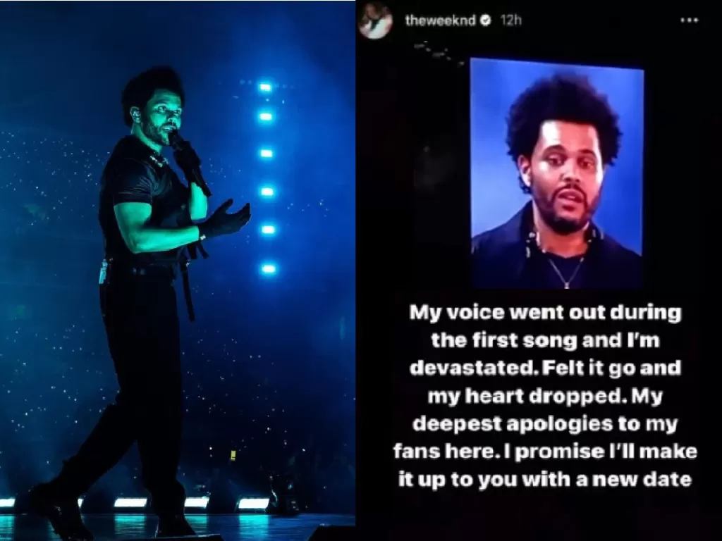 The Weeknd (Instagram/theweeknd) kehilangan suaranya di tengah konser dan membatalkannya. (Youtube/Viral Star Videos).