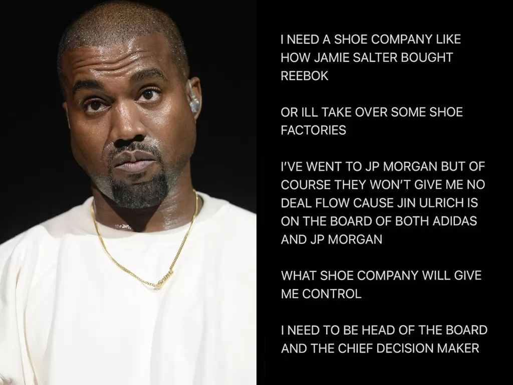 Kiri: Kanye West (The Guardian). Kanan: Unggahan Kanye West yang berencana membeli perusahaan sepatu. (Instagram/kanyewest)