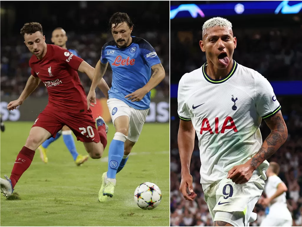 Pertandingan Napoli vs Liverpool (kiri), Richarlison (kanan). (REUTERS/Ciro De Luca/David Klein)