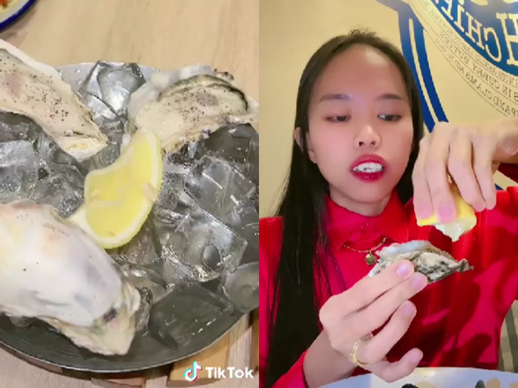 Wanita diyinyiri saat makan oyster (TikTok/siskafitria13)