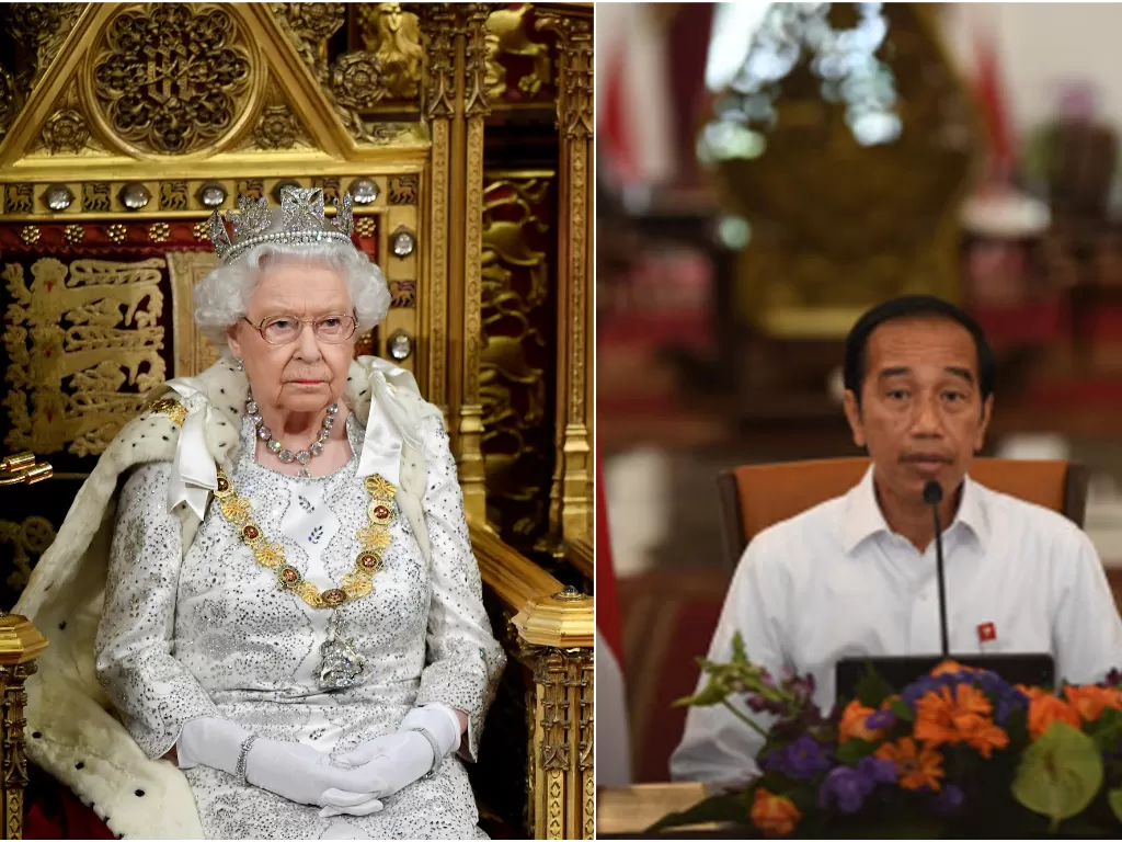 Mendiang Ratu Elizabeth II (kiri), Presiden RI Joko Widodo (kanan). (REUTERS/Toby Melville/ANTARA FOTO/Sigid Kurniawan)