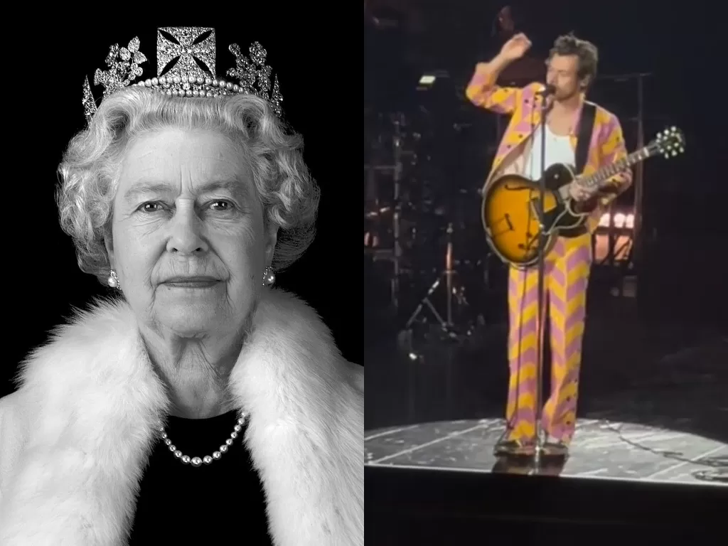 Kiri: Ratu Elizabeth II. (BBC News) Kanan: Harry Styles beri penghormatan ke Ratu Elizabeth II saat konser. (TikTok/iheartradio)