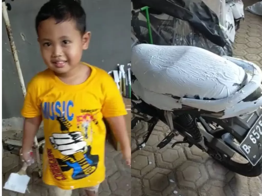Anak yang ngecat motor orang tuanya menggunakan cat tembok. (TikTok/@devirahma159)