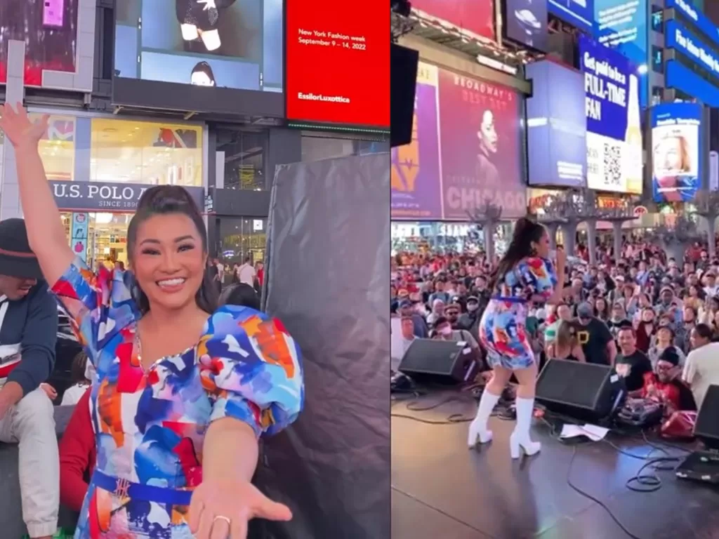 Fitri Carlina menyanyi dangdut di New York Times Square (Instagram/fitricarlina/TikTok/nagaswaraofficial)