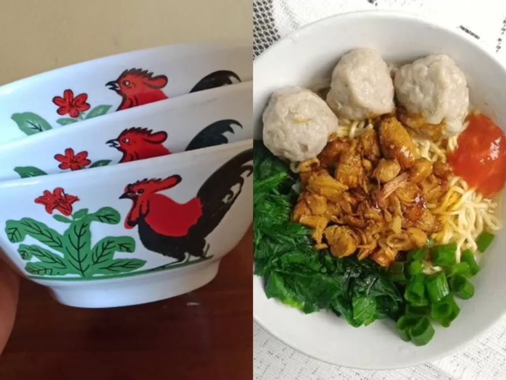 Kiri: Mangkuk Ayam Jago. (Shopee) Kanan: Ilustrasi mie ayam bakso pakai mangkuk ayam jago. (Cookpad)