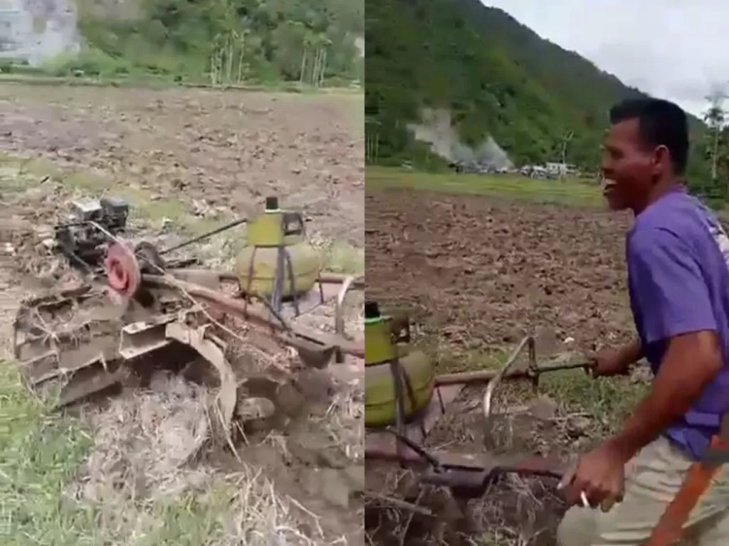 Pria yang pakai gas Elpiji untuk gantikan BBM yang mahal pada traktor bajak sawah. (Facebook/Haris Bankgo)