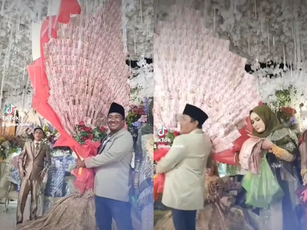 Momen sultan Madura saat nyawer pengantin. (TikTok/@Lina_Muniirr)
