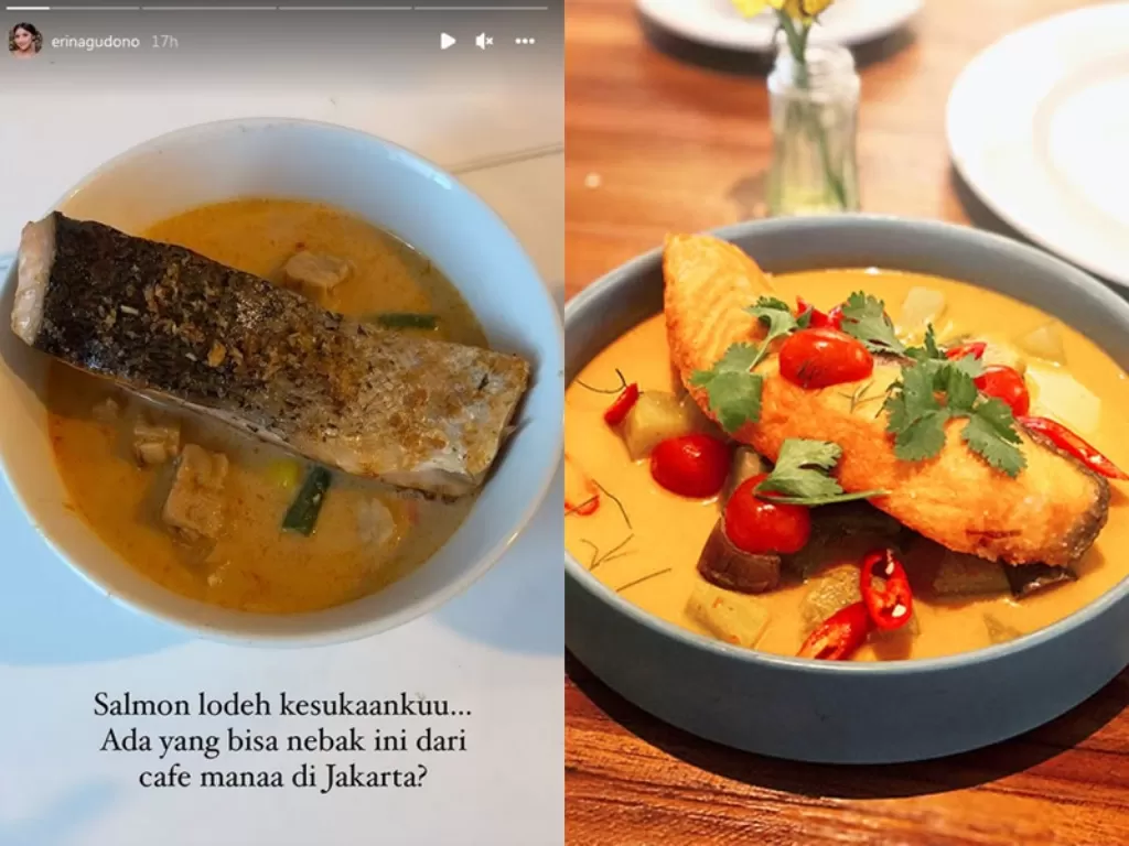Kiri: Erina Gudono saat memamerkan maknana kesukaannya ikan salmon lodeh. (Instagram/@erina_gudono)/ Kanan: Tampilan ikan salmon lodeh. (Cookpad)