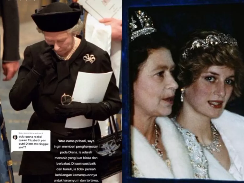 Kiri: Ratu Elizabeth II menangisi kepergian Lady Diana. (TikTok/@ceo_of_kpop_spam)/ Kanan: Ratu Elizabeth II bersama dengan Lady Diana. (Terry Fincher)