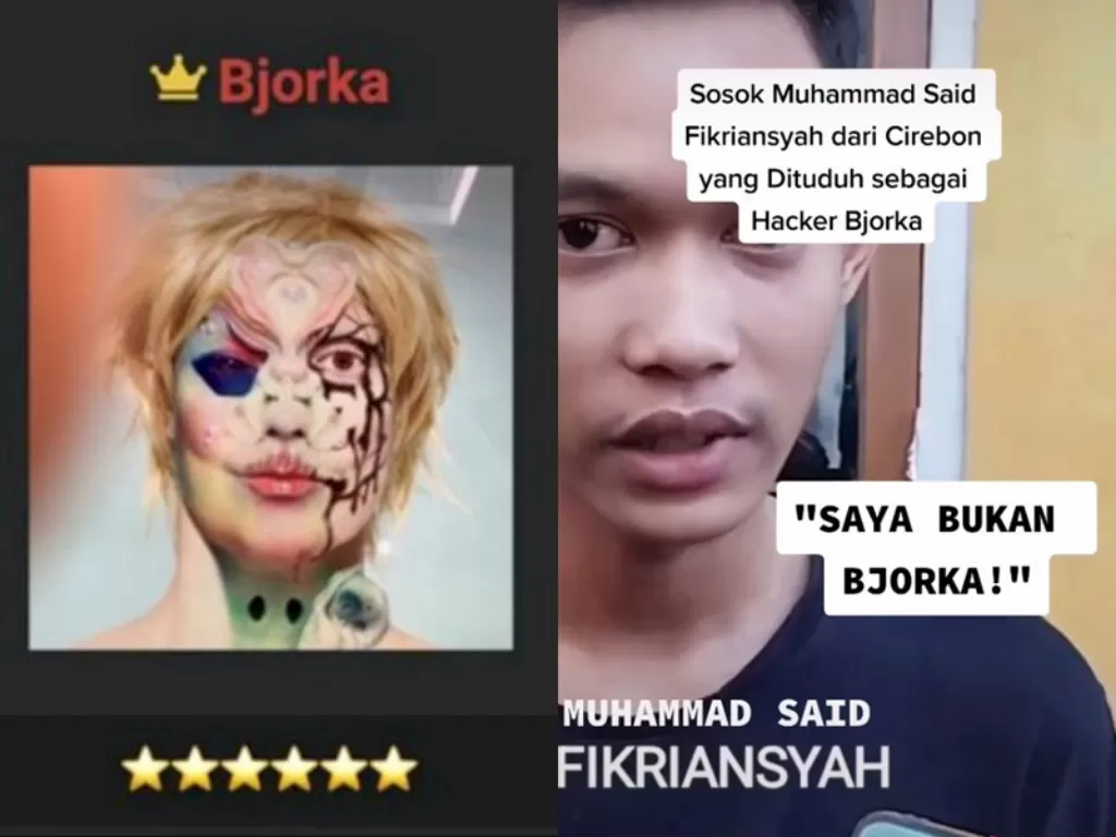 Kiri: Hacker Bjorka retas data pribadi pejabat Indonesia. (Tangkapan layar Breached Forums)/ Kanan: Pria yang membantah keras saat dituduh Bjork. (TikTok/jurnalcirebon)