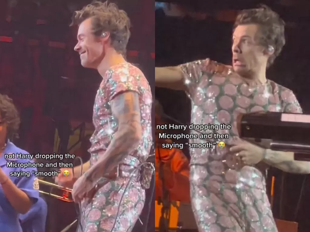 Harry Styles tak sengaja jatuhkan mikrofon saat konser. (TikTok/alrightchante)