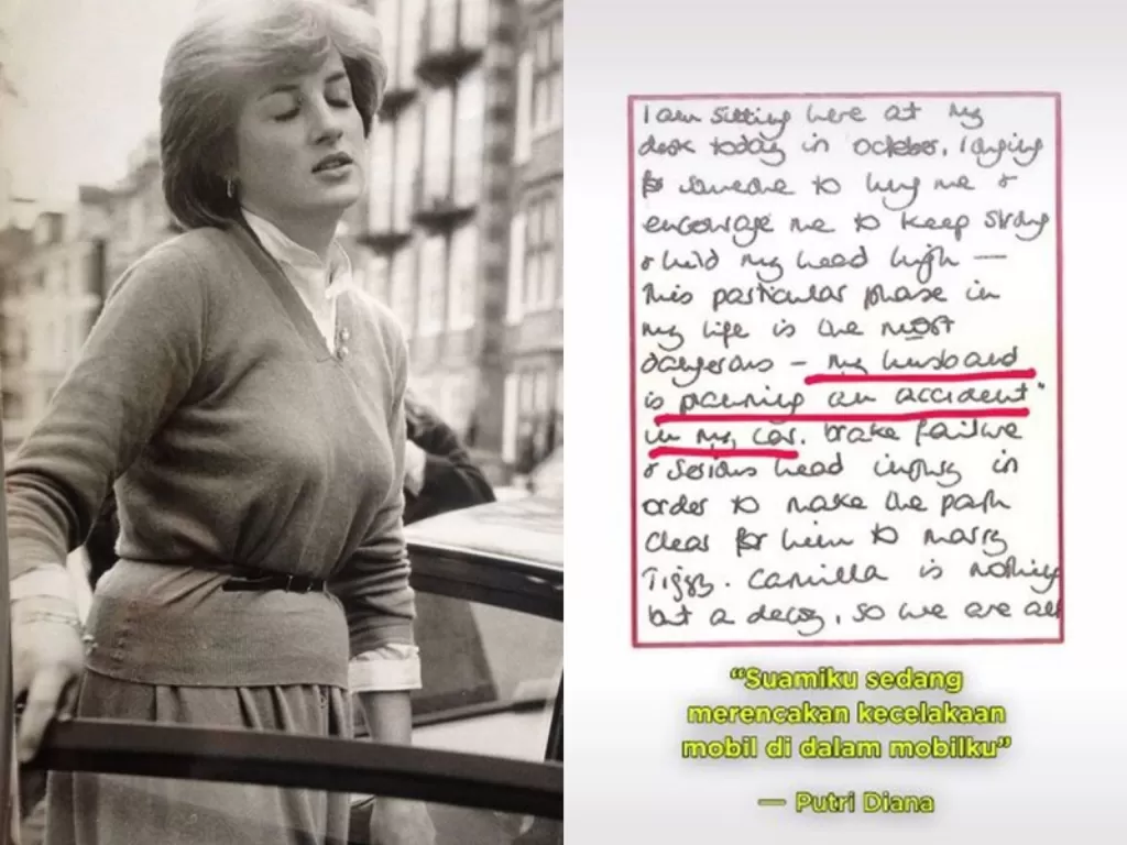 Kiri: Lady Diana. (Instagram/lady.diana_)/ Kanan: Surat Lady Diana yang menyatakan adanya perencanaan pembunuhan dirinya. (TikTok/fanniraz)