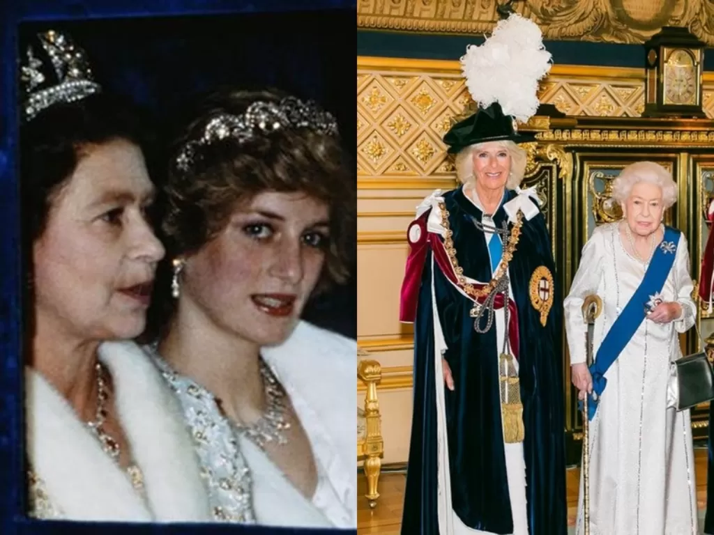 Kiri: Momen kebersamaan Ratu Elizabeth II bersama Lady Diana. (The British Documentary)/ Kanan: Ratu Elizabeth II saat mengukuhkan Camilla sebagai pendamping Pangeran Charles. (Instagram/theroyalfamily)