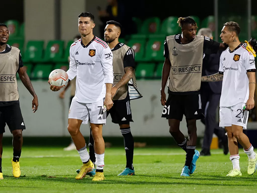 Cristiano Ronaldo usai laga melawan Sheriff Sheriff Tiraspol, Kamis (15/9/2022) lalu di Liga Europa. (REUTERS/Peter Cziborra)