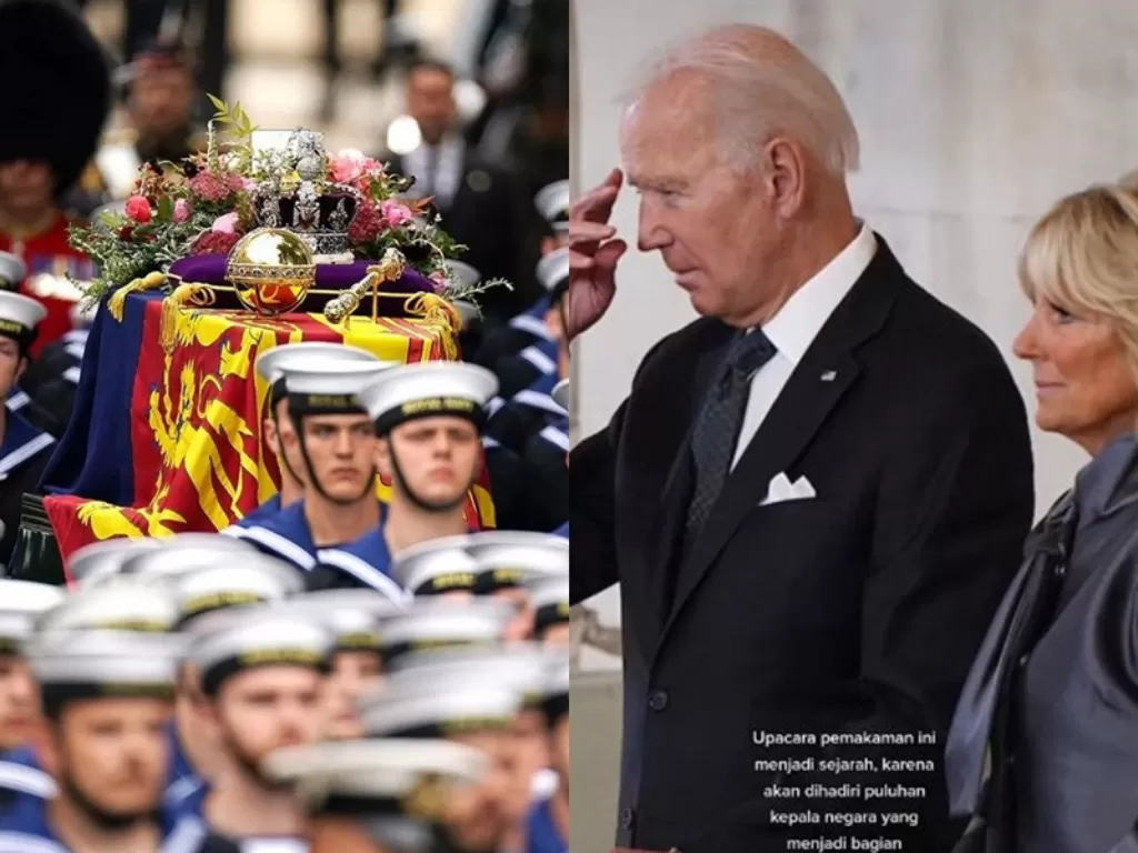 Kiri: Prosesi pemakaman Ratu Elizabeth II. (Instagram/theroyalfamily)/ Kanan: Presiden Joe Biden saat menghadiri pemakaman Ratu Elizabeth II. (TikTok/gutinerz)