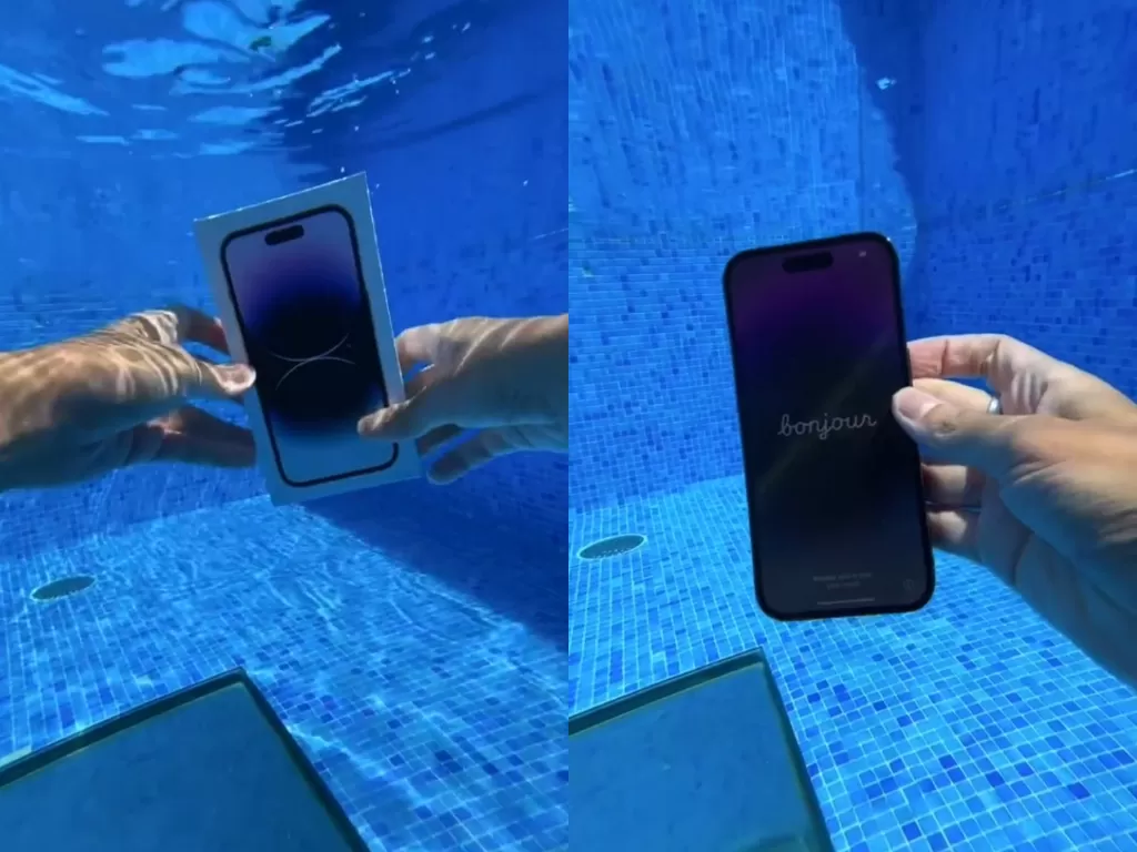 Pria unboxing iPhone 14 di dalam air.  (Screenshoot/TikTok/@nilojeda)