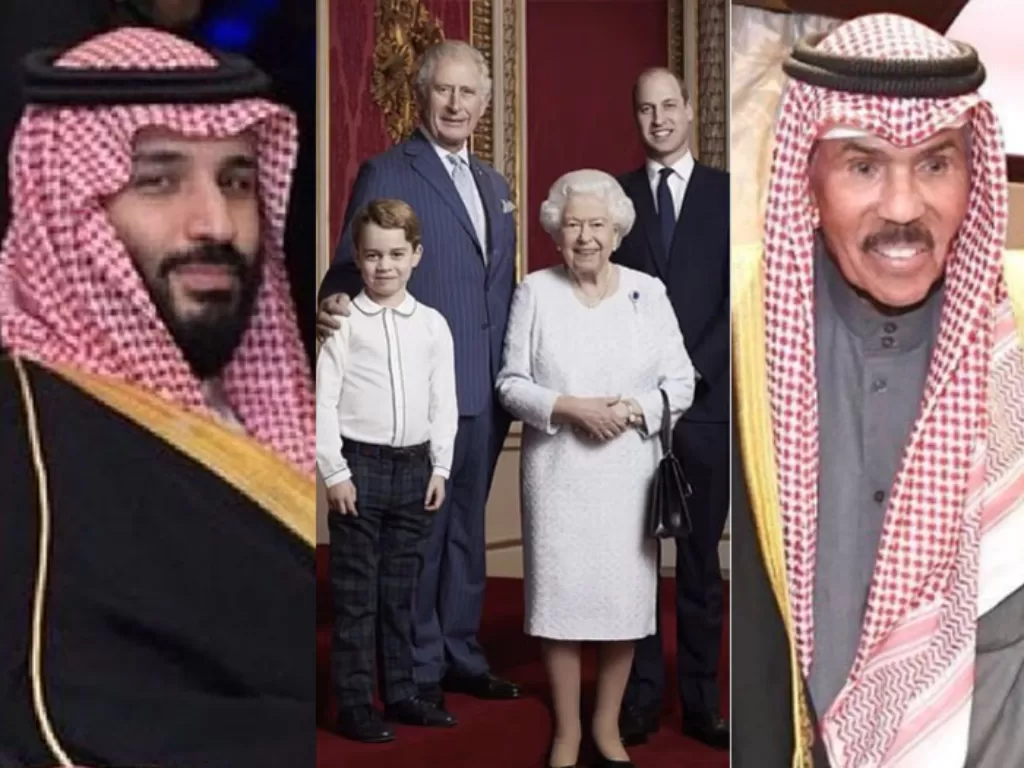 Putra Mahkota Muhammad bin Salman (kiri), Ratu Elisabeth II semasa hidup bersama pewarisnya (tengah) dan Shaikh Nawaf Ahmad Jaber Al-Saba. (kanan). (Instagram)