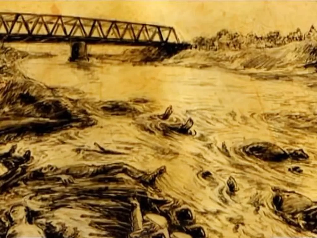 Ilustrasi Mayat PKI yang berhanyutan di Sungai Surakarta. (YouTube/Yayan Wiludiharto)