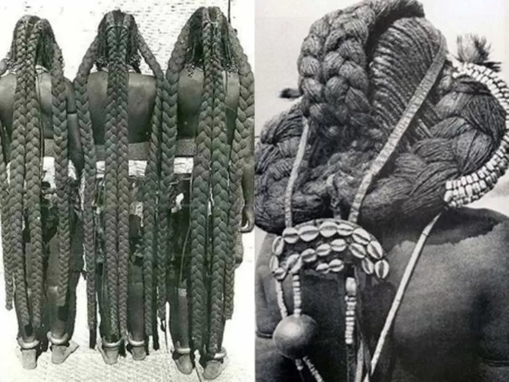 Ilustrasi kepangan rambut wanita Mbalantu. (National Geographic)