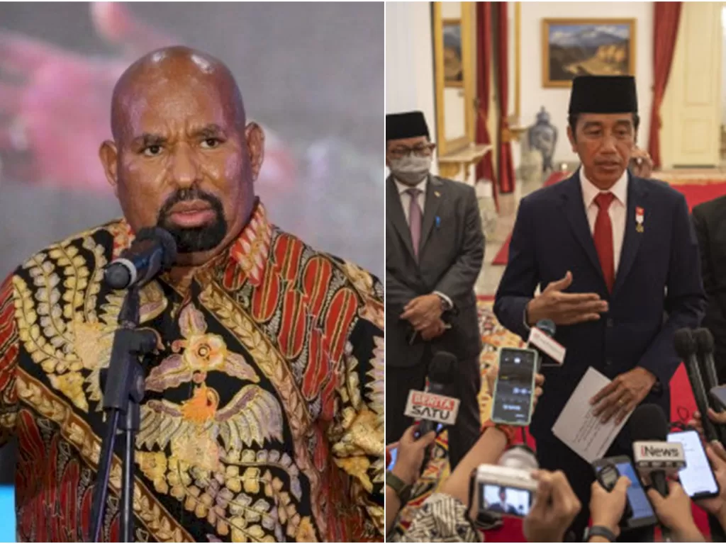 Gubernur Papua, Lukas Enembe (kiri), Presiden Jokowi (kanan). (ANTARA FOTO/Hendrina D Kandipi/Sigid Kurniawan)