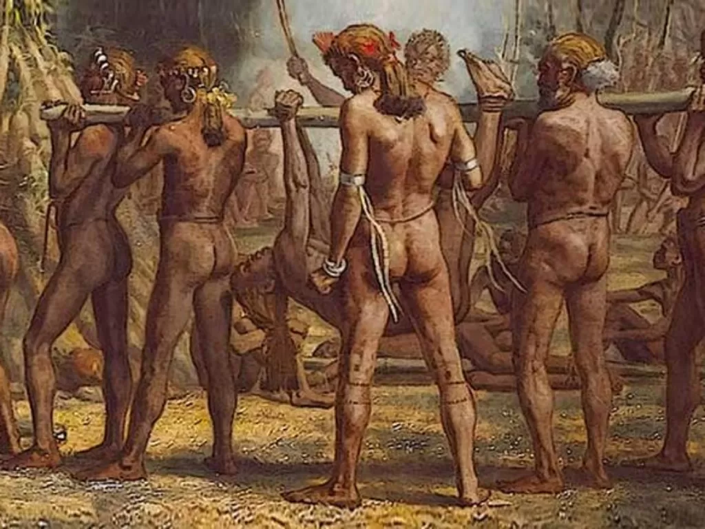 Ilustrasi suku kanibalisme yang siap menyantap tubuh musuhnya. (Wikimedia)