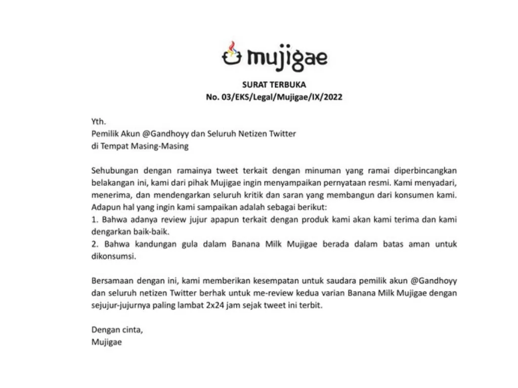 Surat terbuka Mujigae untuk meriview produk mereka. (Twitter/Mujigae by Wonhae)