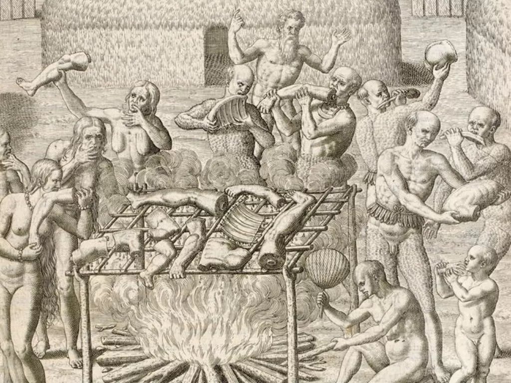 Lukisan Theodore de Bry yang menggambarkan kaum kanibalisme di Brazil. (Smart History)