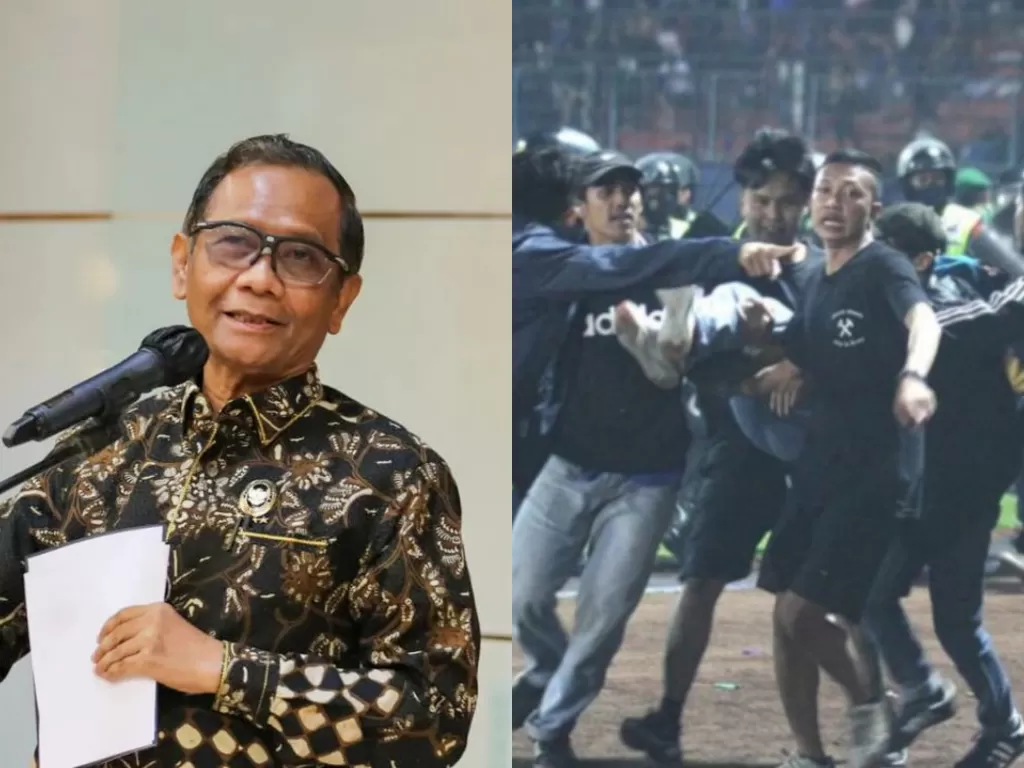 Kiri: Menkopolhukam, Mahfud MD. Kanan: Kerusuhan suporter Arema di Stadion Kanjuruhan. (Instagram/@mohmahfudmd/ANTARA/Ari Bowo)
