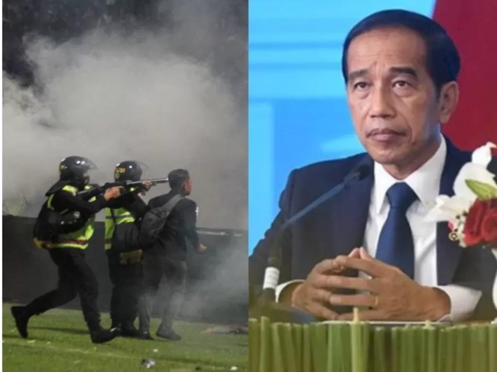 Kiri: Kerusuhan di Stadion Kanjuruhan (ANTARA/Ari Bowo Sucipto), Kanan: Presiden Jokowi (Instagram/@jokowi)