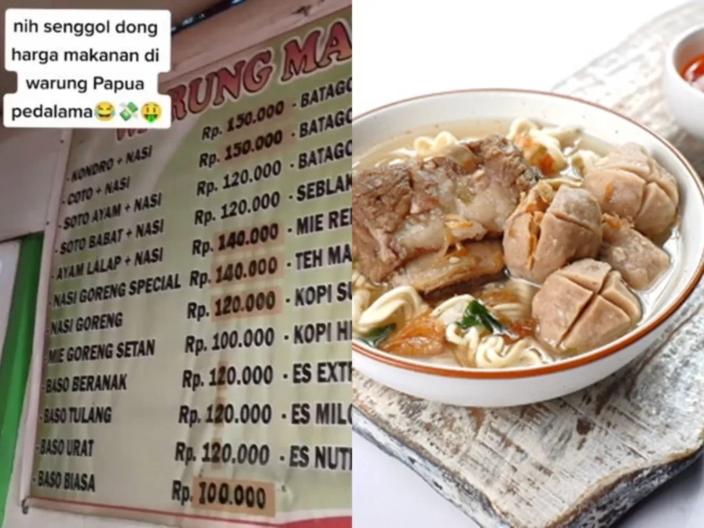 Kiri: Harga menu di warung Papua pedalaman. (Instagram/segar.bet)/ Kanan: Ilustrasi semangkuk bakso. (Cookpad)