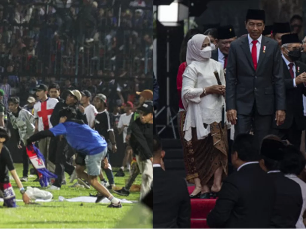Kerusuhan di Stadion Kanjuruhan Malang, Sabtu (1/10/2022) (kiri), Presiden Jokowi (kanan). (ANTARA FOTO/Ari Bowo Sucipto/ANTARA FOTO/Sigid Kurniawan)