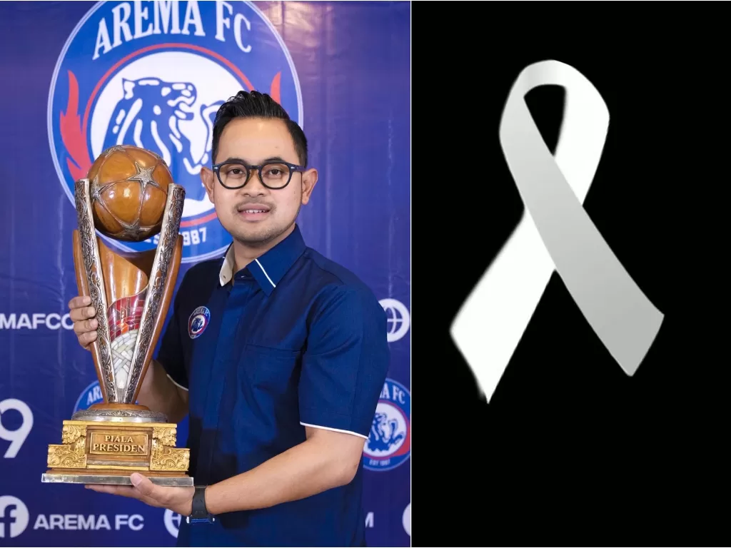 Presiden klub Arema FC, Juragan 99 alias Gilang Widya Permana (kiri), lambang pita duka cita (kanan). (Instagram/@juragan_99)