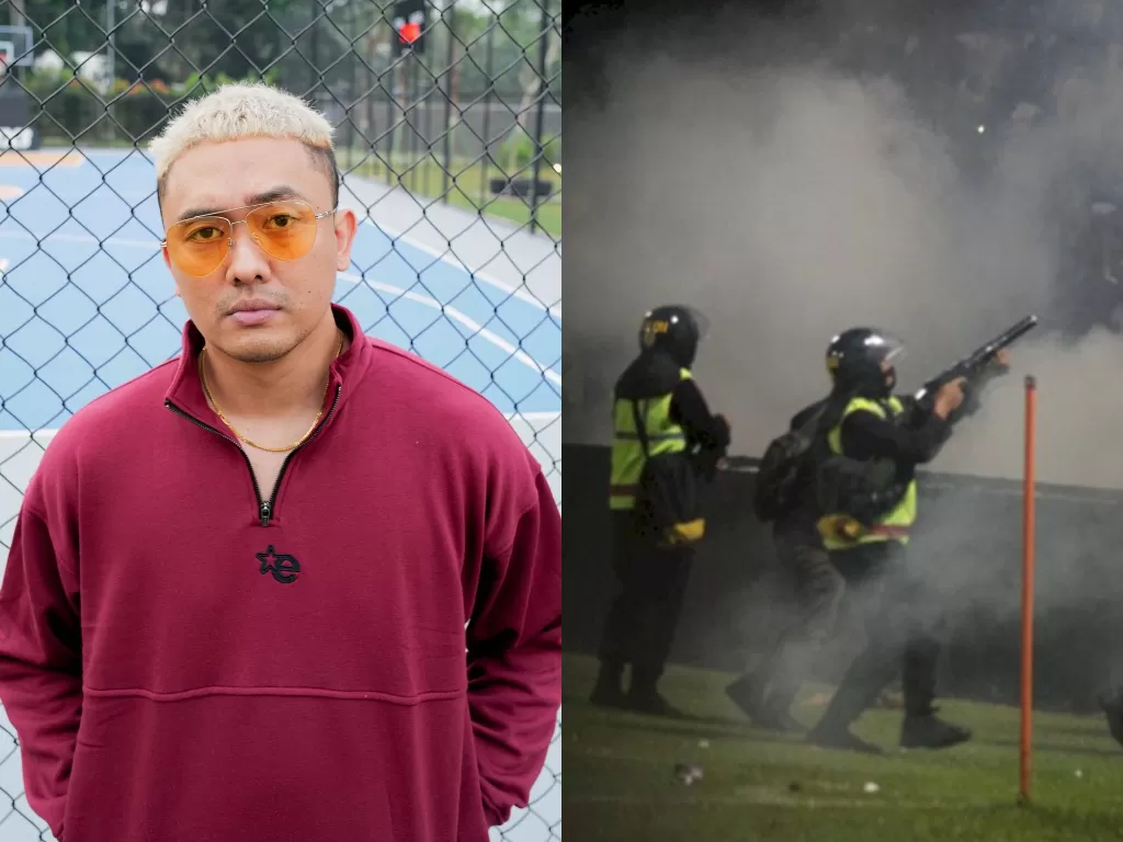 Kiri: Uus (Instagram/uusbiasaaja) Kanan: Aparat tembakkan gas air mata di Stadion Kanjuruhan (ANTARA/Ari Bowo Sucipto)