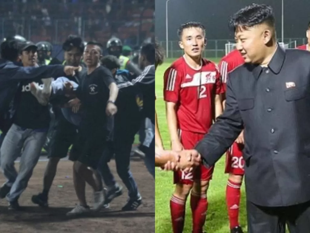 Kiri: Kerusuhan Kanjuruhan. (ANTARA/Ari Bowo Sucipto)/ Kanan: Presiden Korea Utara saat hadiri pertandingan bola. (REUTERS/Daily Mail)