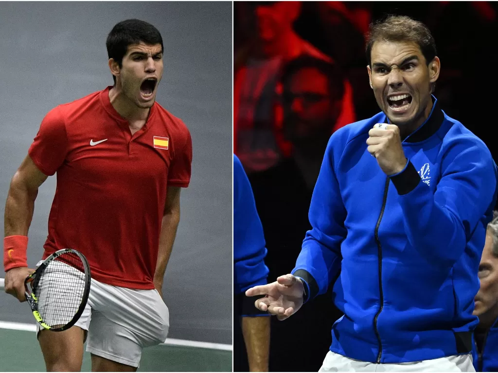 Carlos Alcaraz (kiri), Rafael Nadal (kanan). (REUTERS/Pablo Morano/Dylan Martinez)