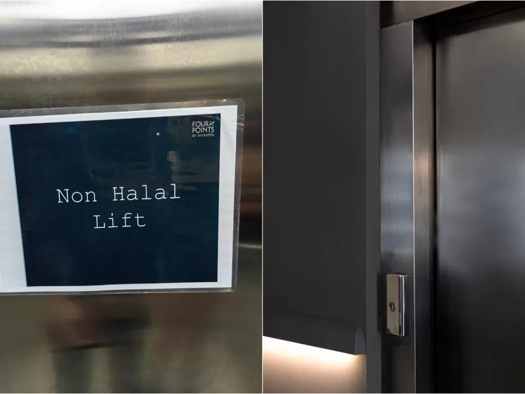 Non halal lift Malaysia. (Twitter/@sitikasim) / Ilustrasi lift. (Freepik)
