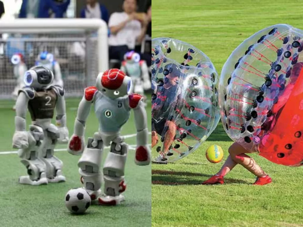 Kiri: Sepak bola robot. (Listverse)/ Kanan: Sepak bola gelembung raksasa. (dynamath.scholastic.com)