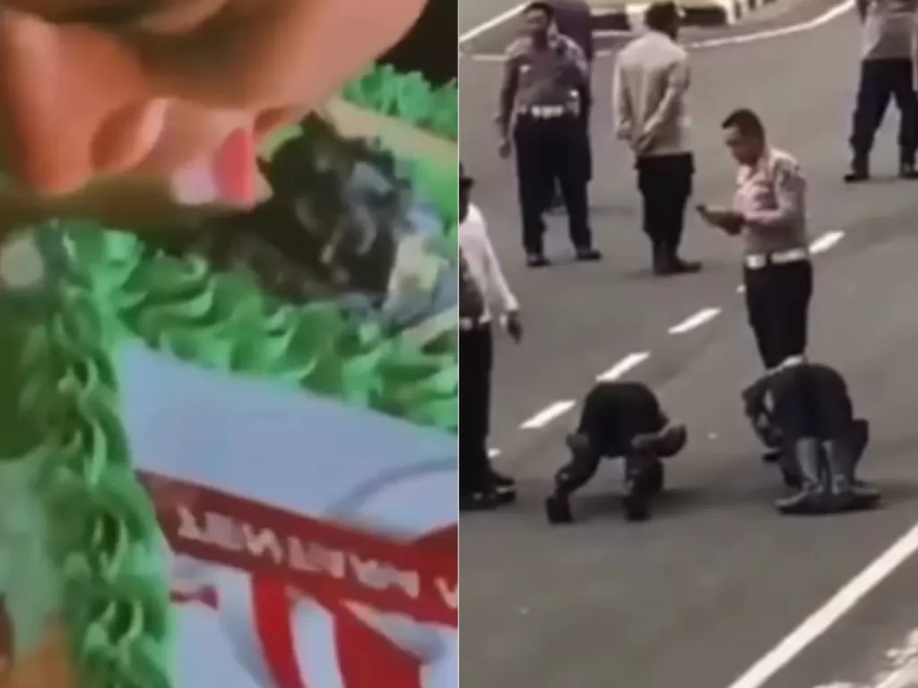 Kiri: Oknum polisi yang menjilat kue ulang tahun TNI. (Instagram/fakta.indo)/ Kanan: Oknum polisi yang jilat kue TNI dihukum. (Instagram/fakta.indo)