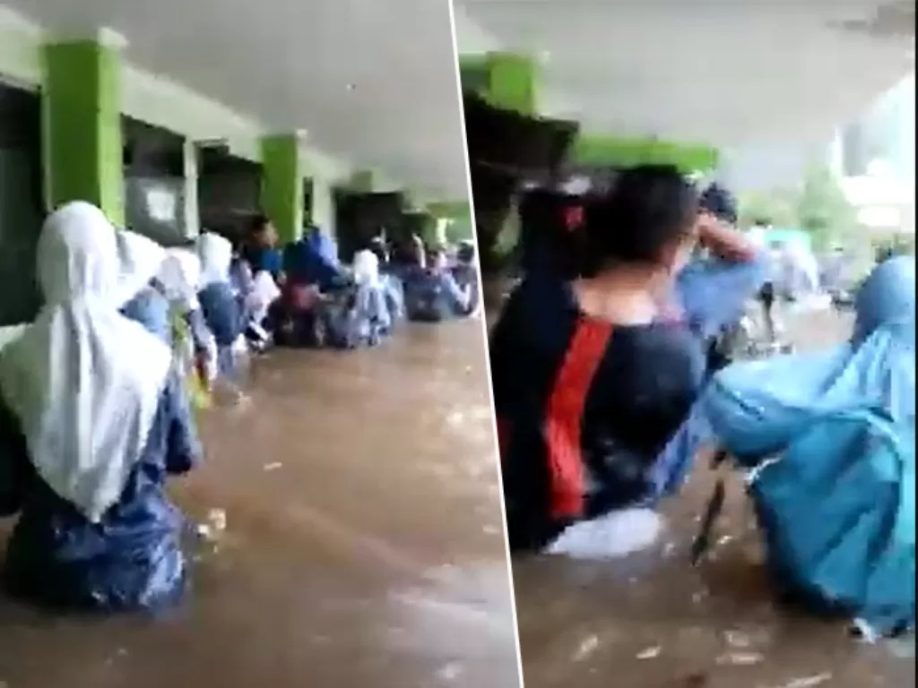 Tangkapan layar video situasi banjir di Gedung Sekolah MTsN 19, Pondok Labu, Cilandak, Jakarta Selatan. (Twitter/@lifeofita)