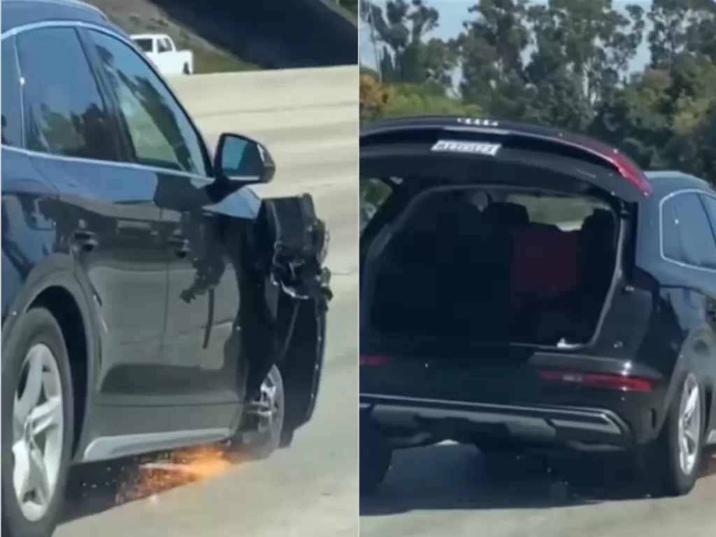 Wanita ini gak sadar kalau bagasi mobilnya terbuka dan roda depannya lepas. (Instagram/@ocinstanews)