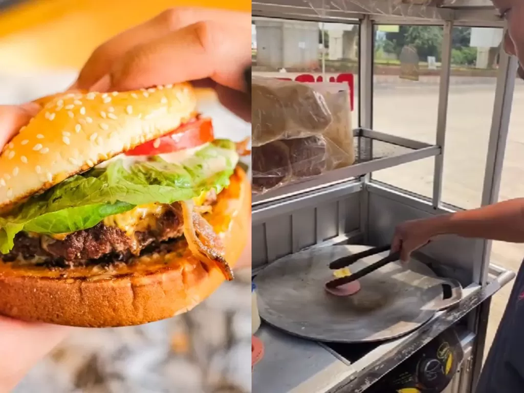 Kolase burger Lawless dengan pedangan burger kaki lima (Instagram/lawless.burgerbar/TikTok/theidiotscouple)