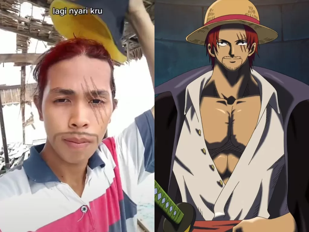 Seorang pria viral saat bikin parodi mirip Shanks dari anime One Piece. (TikTok/s3ns3i_kun) Akagami No Shanks di anime One Piece. (Fandom)