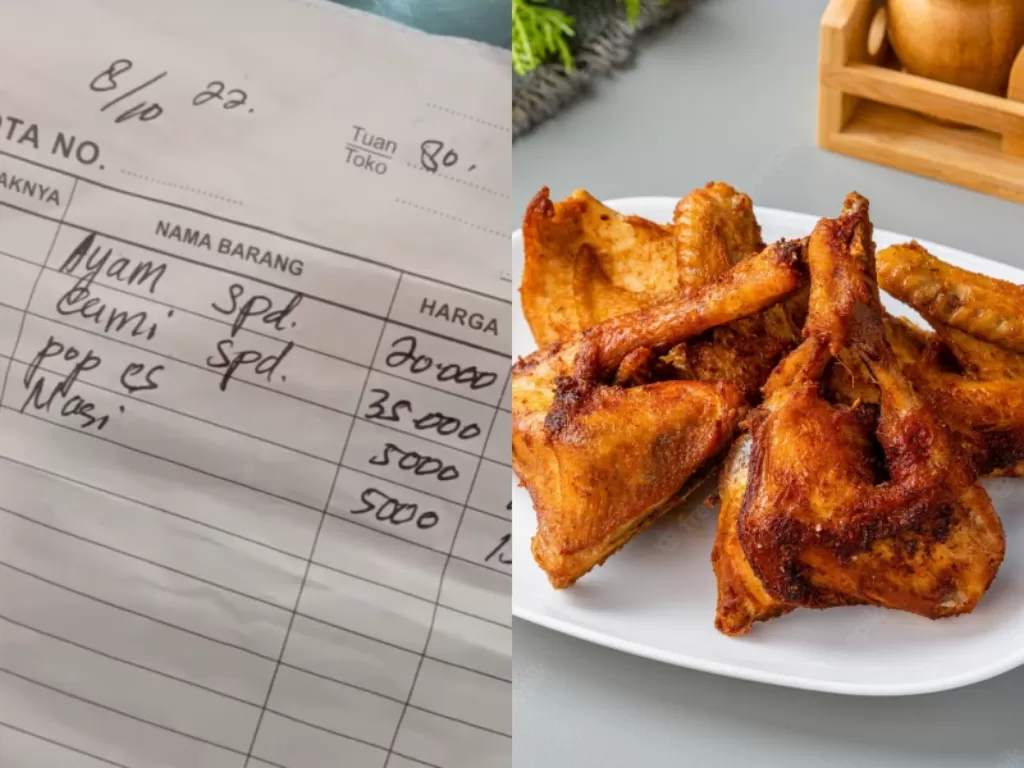 Kiri: Struk makanan ayam 'SPd'. (Instagram/hariankopas)/ Kanan: Ayam goreng, (freepik)