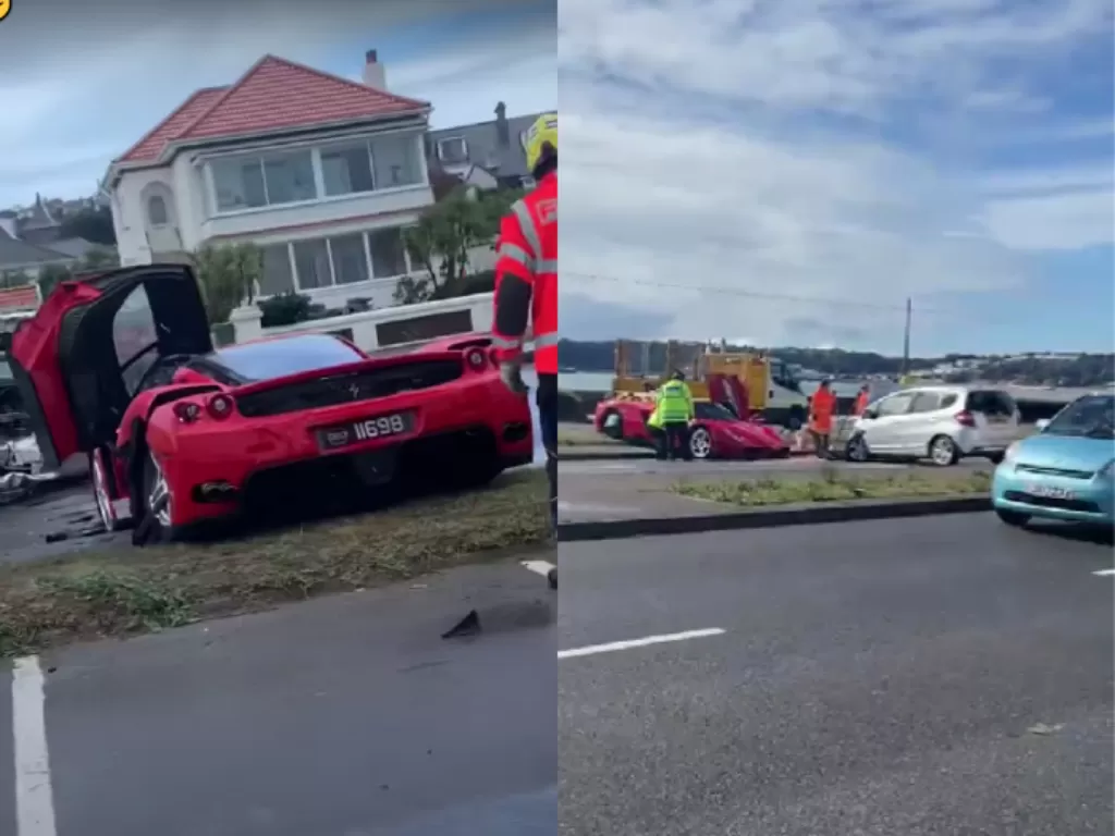 Ferrari Enzo yang mengalami kecelakaan. (YouTube/RC Shed Mark Jordan & Twitter/@matthewhowe69)