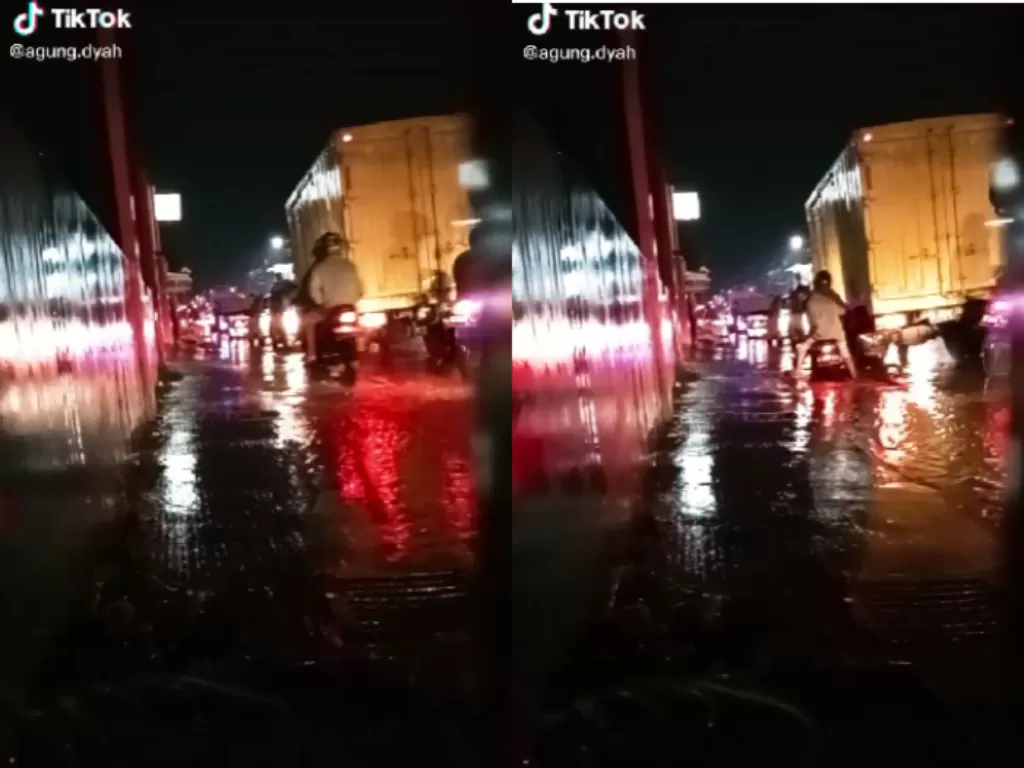 Pengendara sepeda motor yang menghantam jalanan berlubang. (TikTok/@agung.dyah)