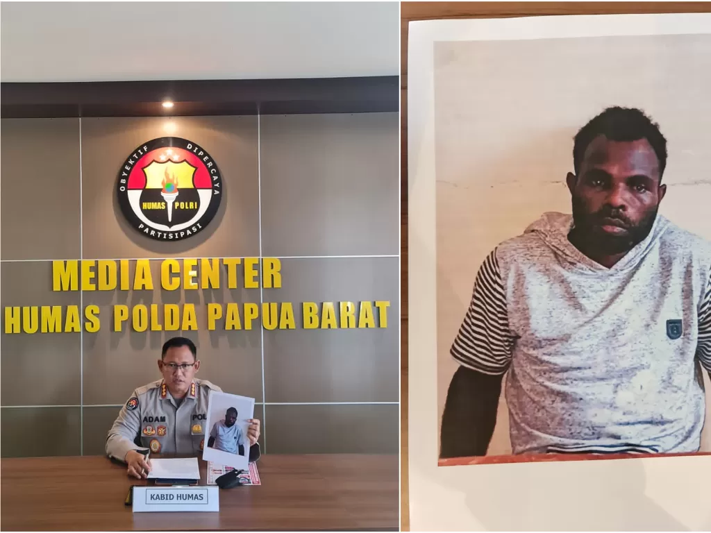 Kabid Humas Polda Papua Barat, Kombes Pol Adam Erwindi (kiri) / Yan Waris Sewa, buron penyerang Pos Ramil Kisor, Maybrat (kanan). (Dok. Polda Papua Barat)