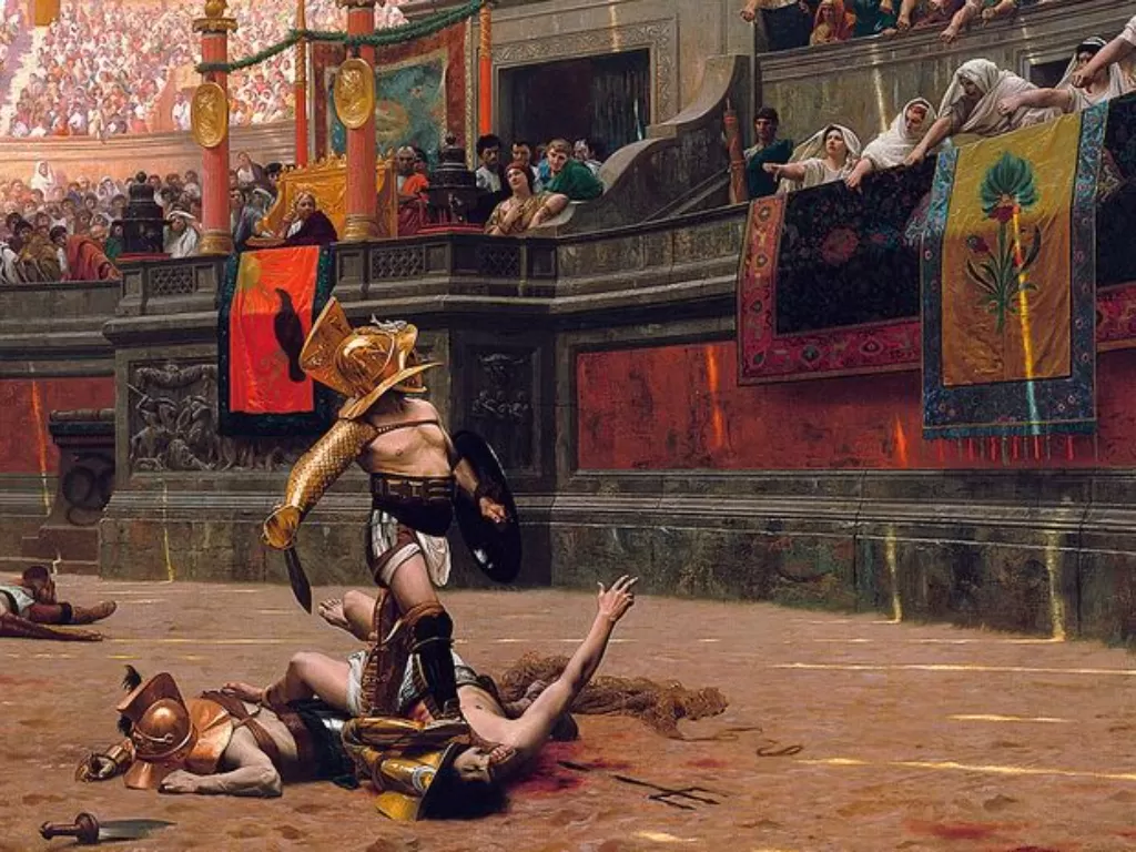Pertarungan gladiator dianggap sebagai olahraga hiburan bagi orang-orang Romawi (Jean-Léon Gérôme/Phoenix Art Museum)