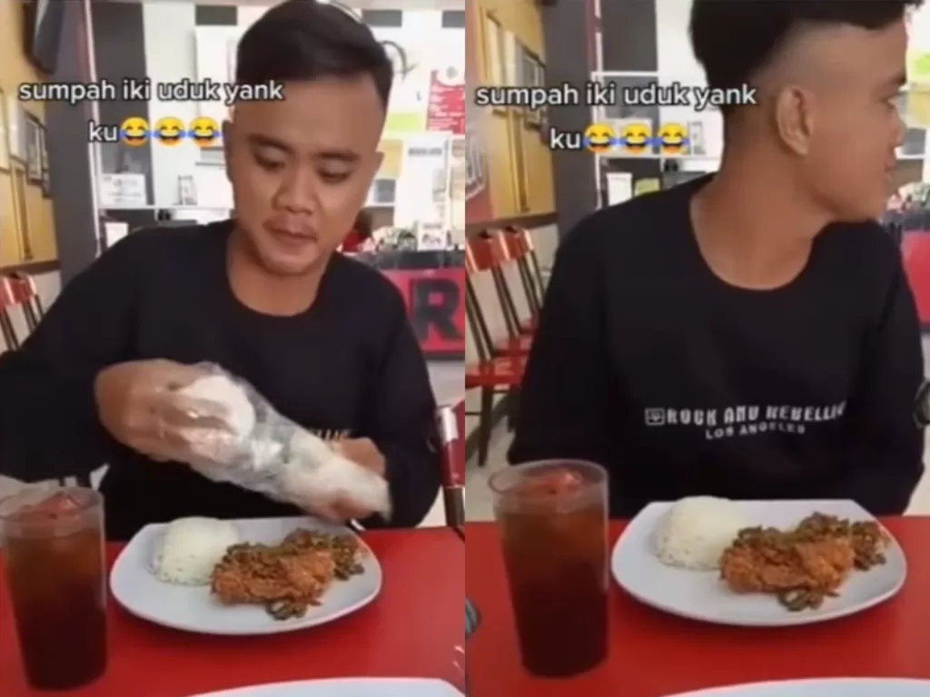 Aksi kocak pria yang nekat membawa nasi dari rumahnya saat makan di restoran. (Instagram/memomedsos)